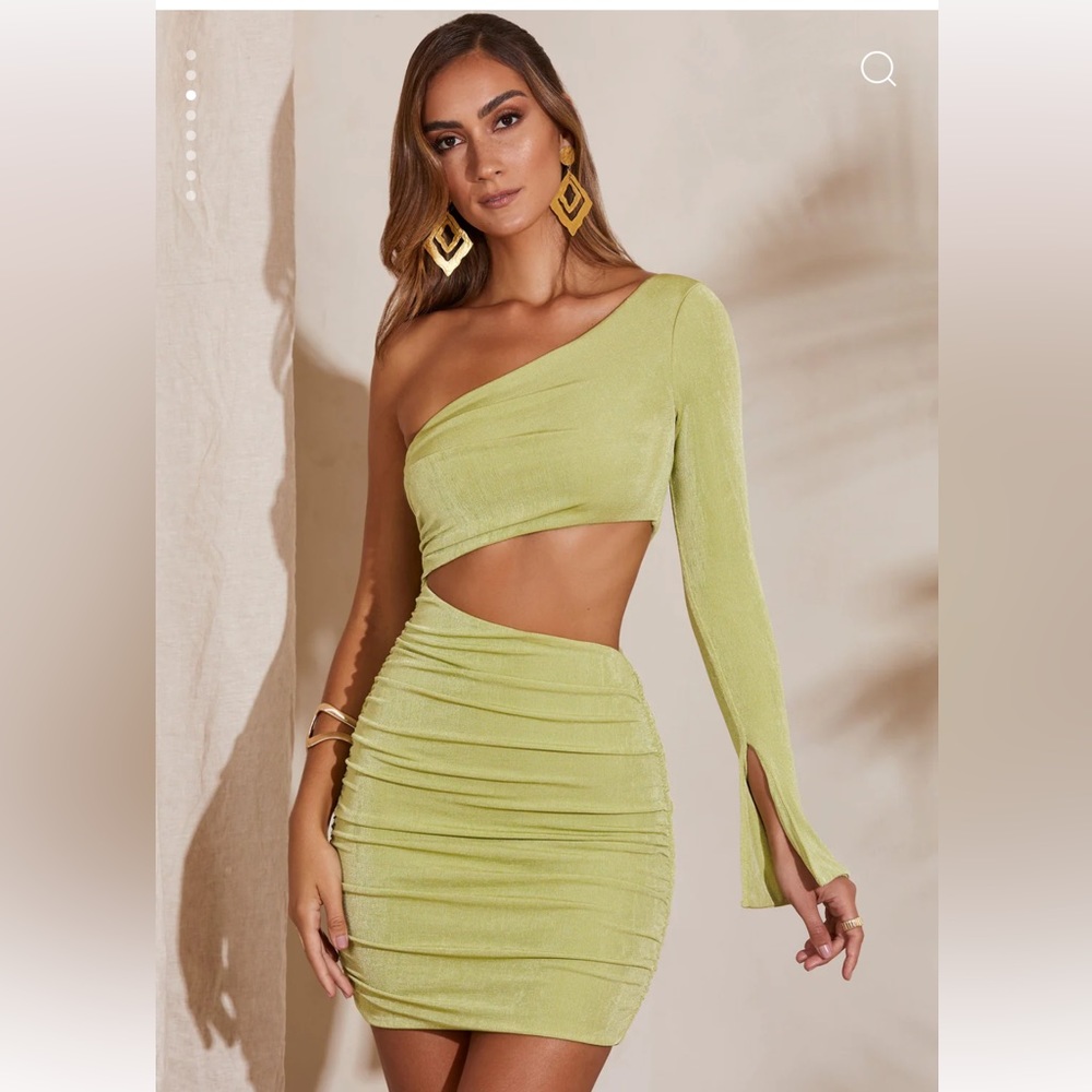 Oh Polly One Shoulder Flare Sleeve Mini Dress in Green